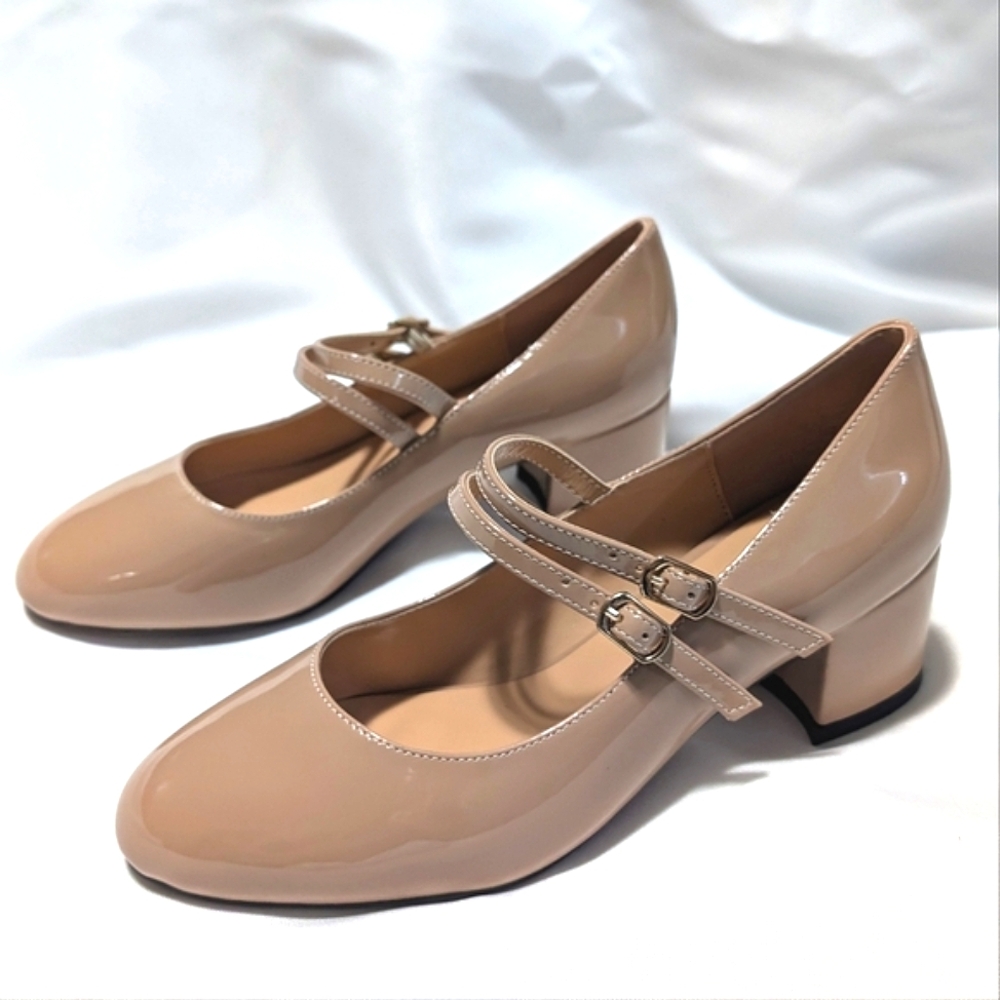 NWT Beige/Tan Block Heels Mary Jane, Two Strap Buckle
